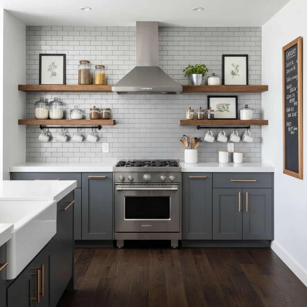 White subway tiles with a smooth, glossy finish and gray grout lines, creating a clean and modern look.
