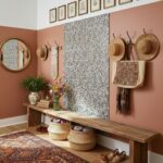 Decorative floral patterned tile wall in entryway.