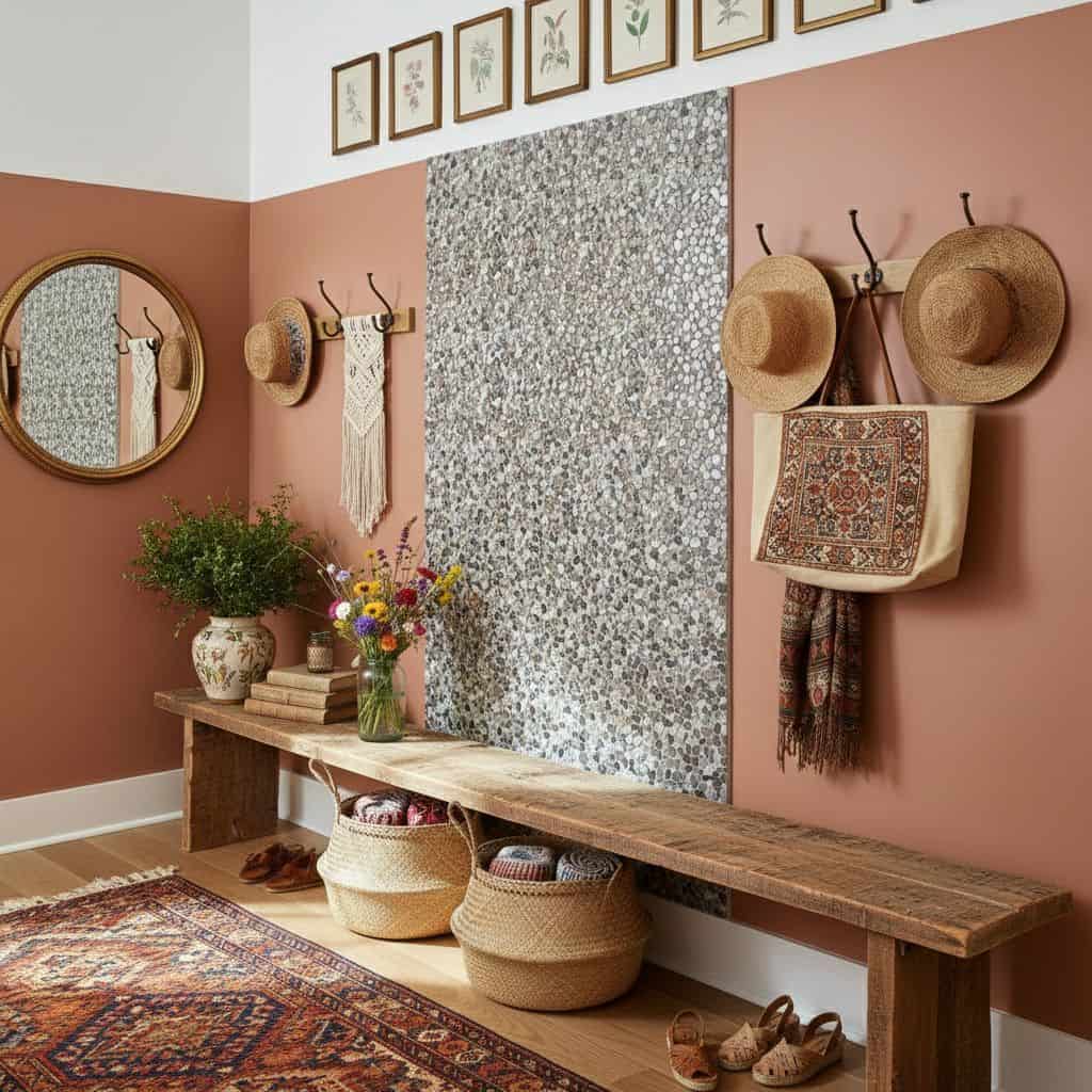 Decorative floral patterned tile wall in entryway.