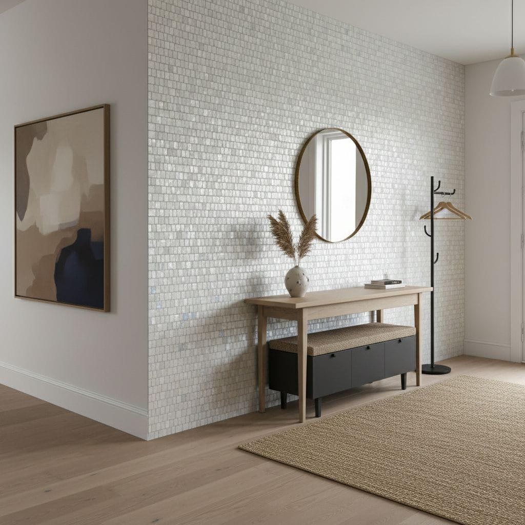 White textured tile wall with a subtle pattern, adding a bright and clean aesthetic to the interior space.