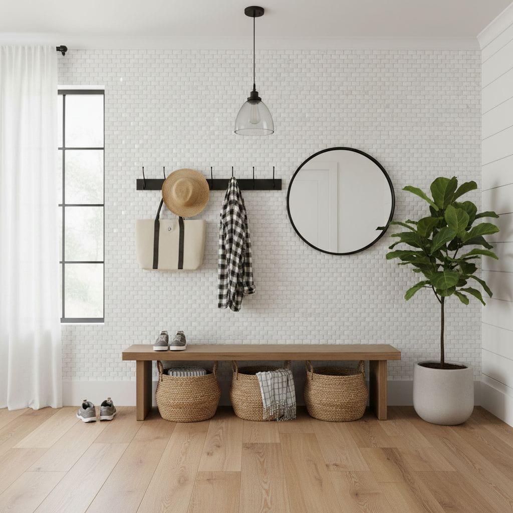White textured wall tile with a subtle pattern, creating a clean and contemporary look.