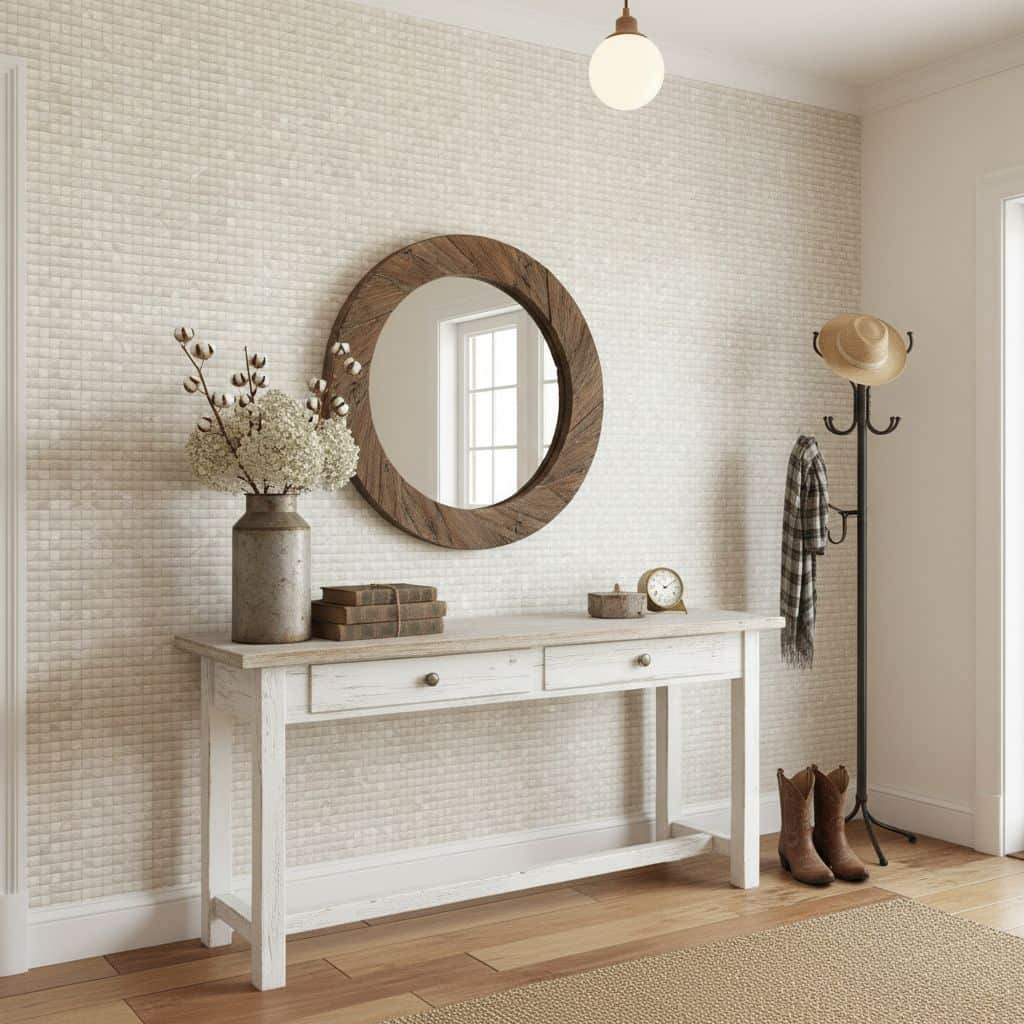 Warm beige textured wall tiles with a subtle pattern, complemented by a rustic wooden mirror and simple decor.