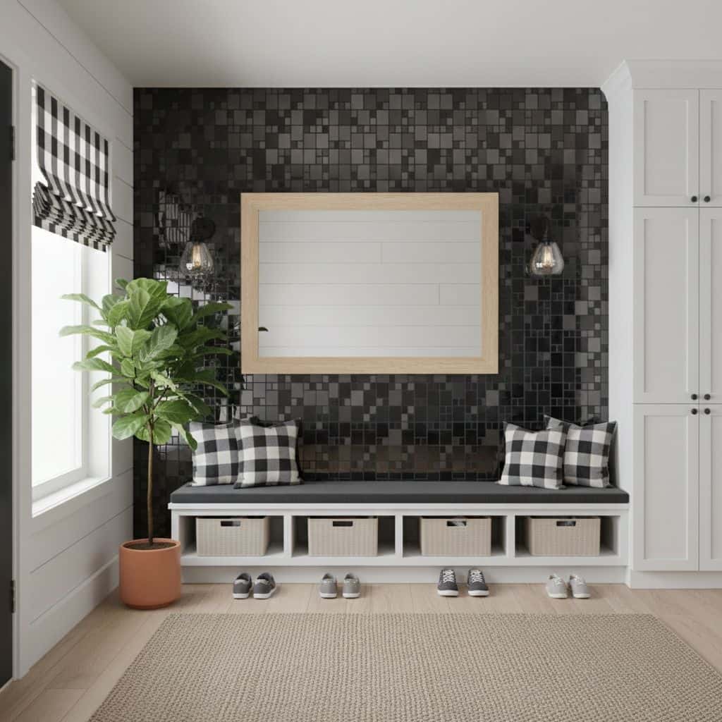 Black mosaic tile wall with a whiteboard, black and white checkered cushions, and a potted plant in a modern interior.