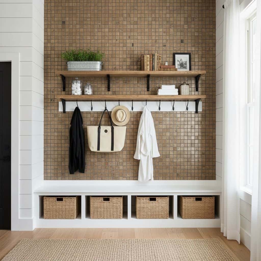Brown mosaic tile wall with wooden shelves and hooks for organization.