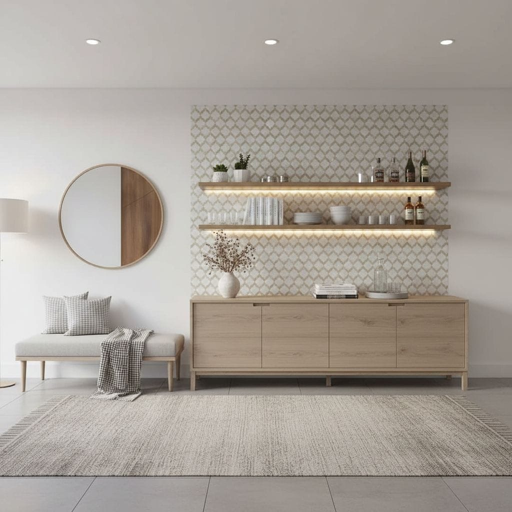 Bright, minimalist living room with light wood furniture and a geometric patterned accent wall.