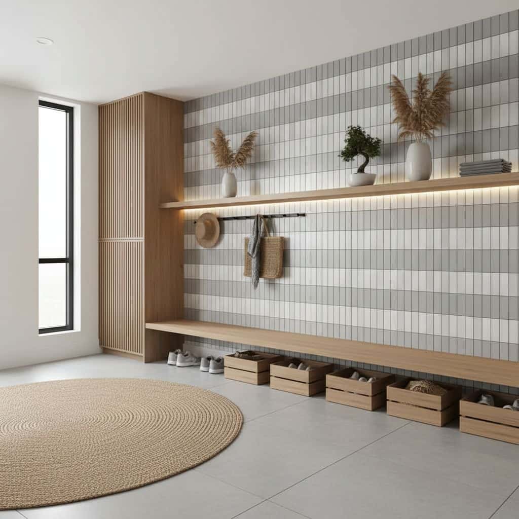 Bright, modern interior with white and gray tiled wall, wooden shelves, and decorative vases.