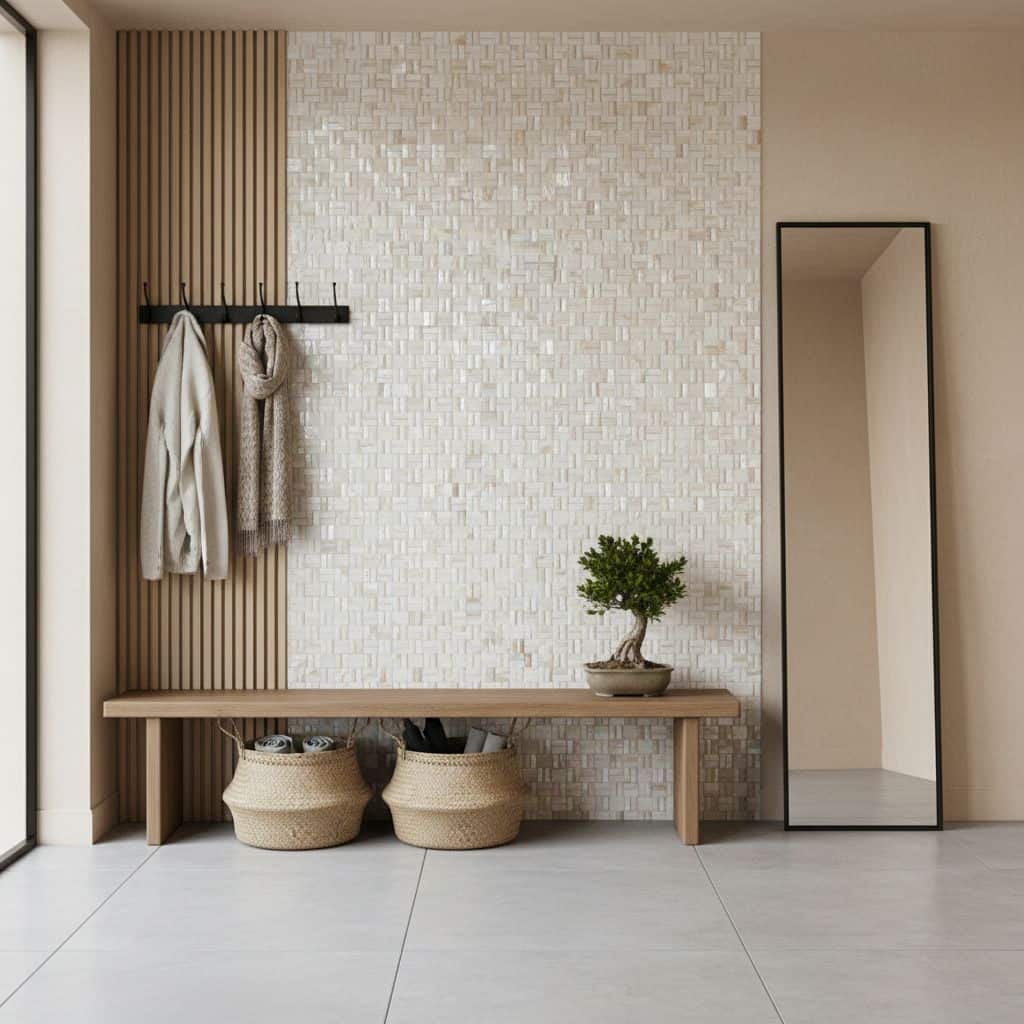 Beige mosaic tile wall with textured surface, wooden bench, potted plant, and hanging towels.