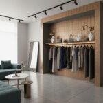 A stylish retail space featuring a wooden tile wall with a warm, natural finish, showcasing clothing and accessories in a con.