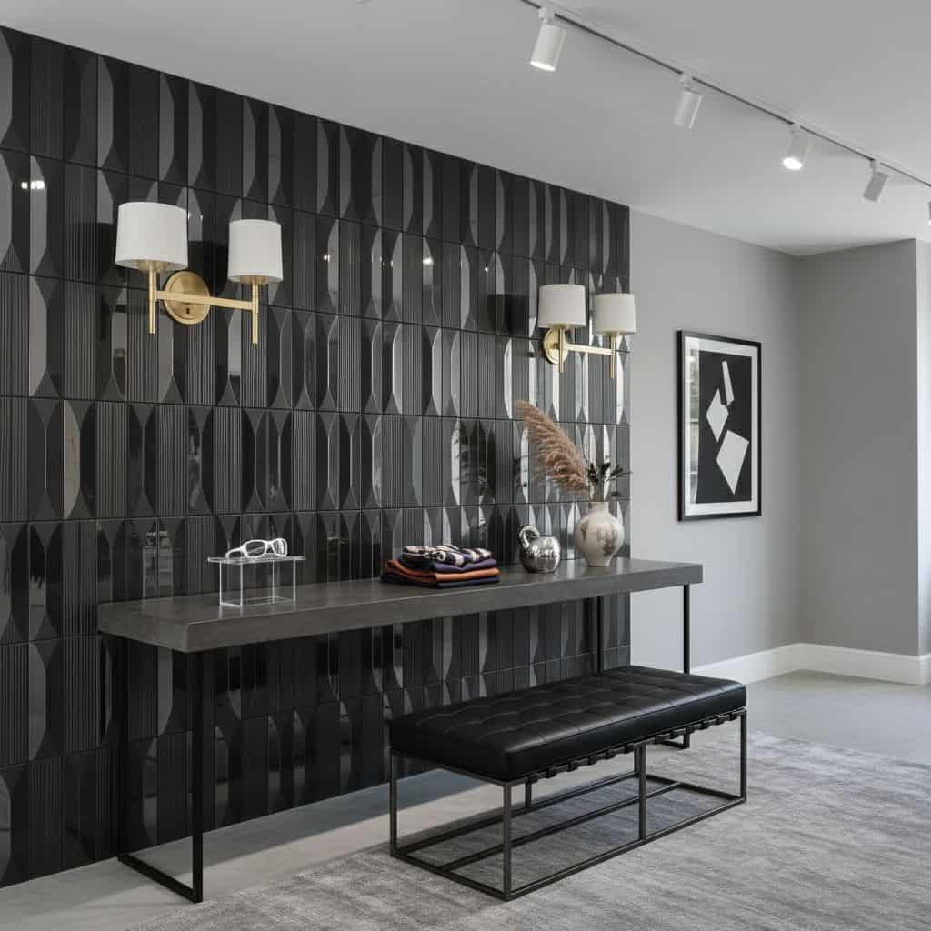Black geometric patterned ceramic tile wall with modern decor accents.