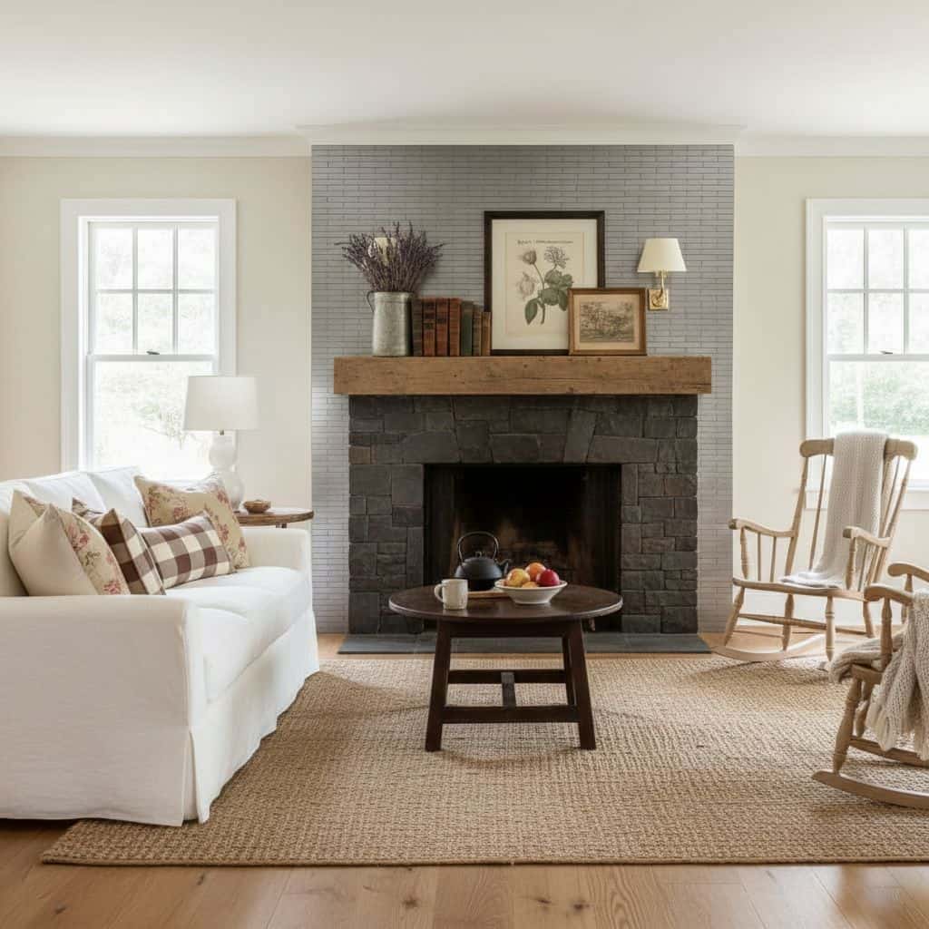 Elegant living room with a white sofa, wooden accents, and a cozy fireplace, featuring neutral tones and natural light.