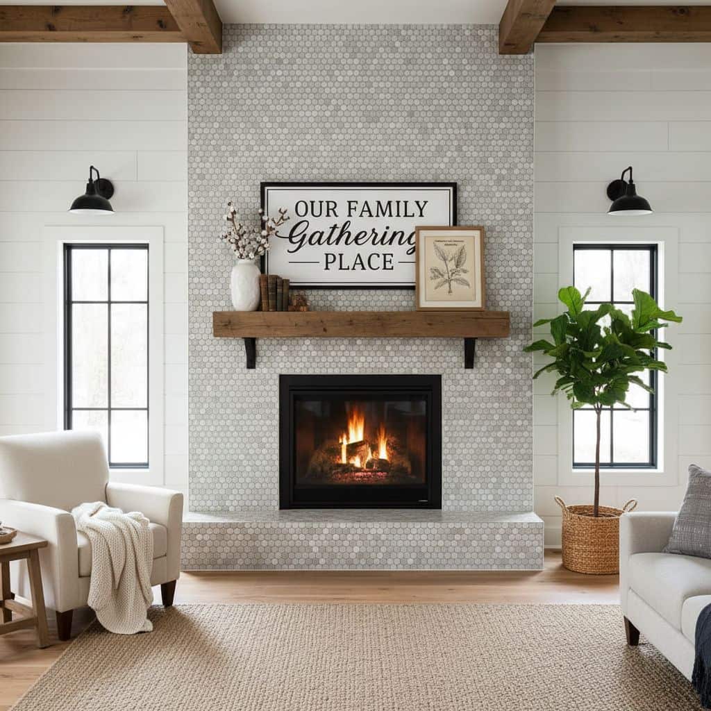 Warm gray hexagon tiles surround the fireplace, creating a modern and inviting focal point. The room features neutral tones,.