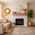 Warm beige and cream tones with textured tile fireplace surround.