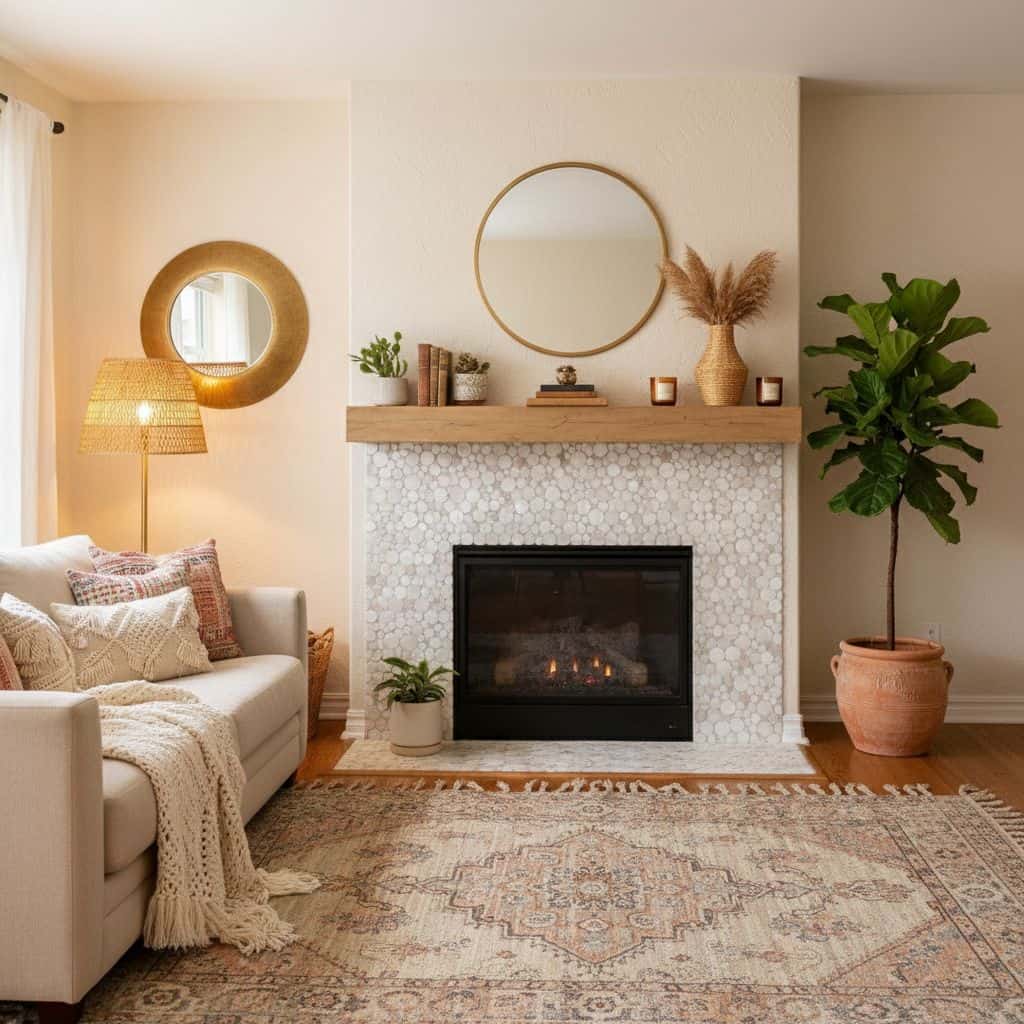 Warm beige and cream tones with textured tile fireplace surround.