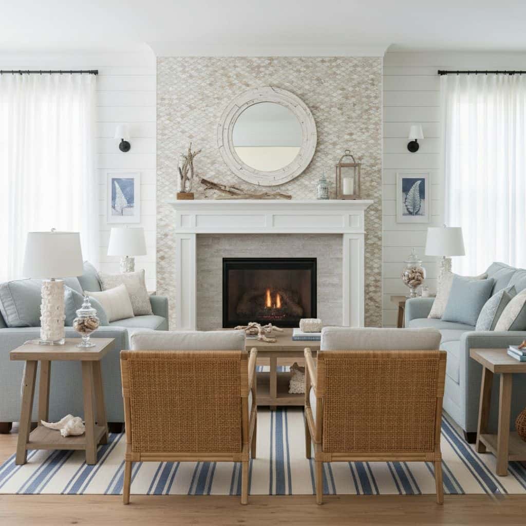 Light neutral textured stone tile with a natural finish around the fireplace, adding a cozy and elegant touch to the living r.
