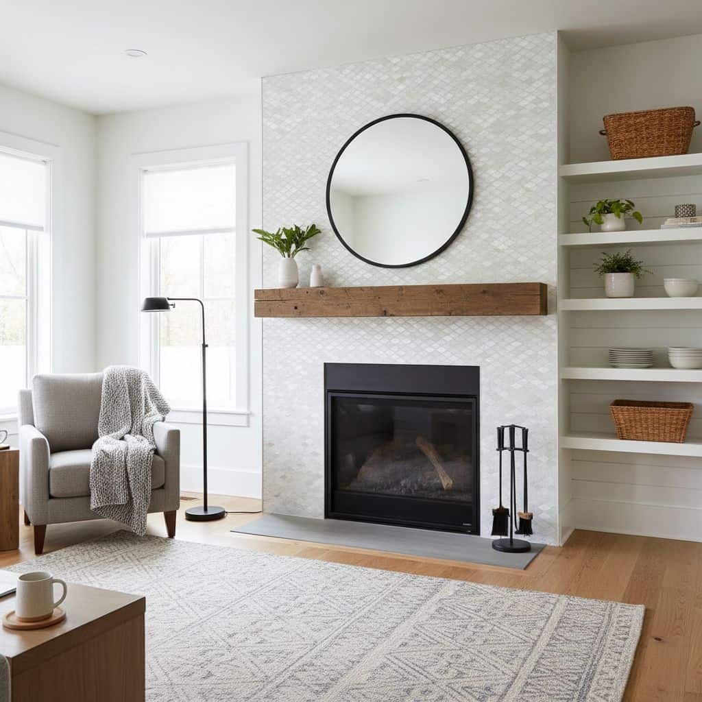 White textured ceramic tile surrounds the fireplace, creating a clean and modern look. The surface has a subtle pattern that.