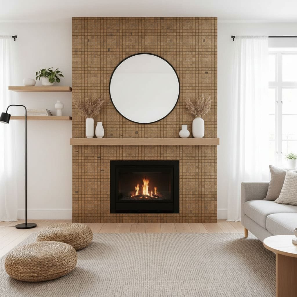 Beige mosaic tile fireplace with round mirror, white vases, and neutral-toned living room decor.
