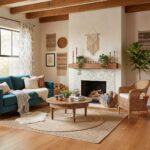A warm living room featuring a textured wall with woven wall hangings, a teal sofa, rattan armchair, and natural wood accents.