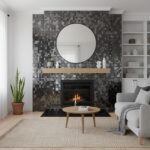 Black mosaic tile wall with fireplace and round mirror.