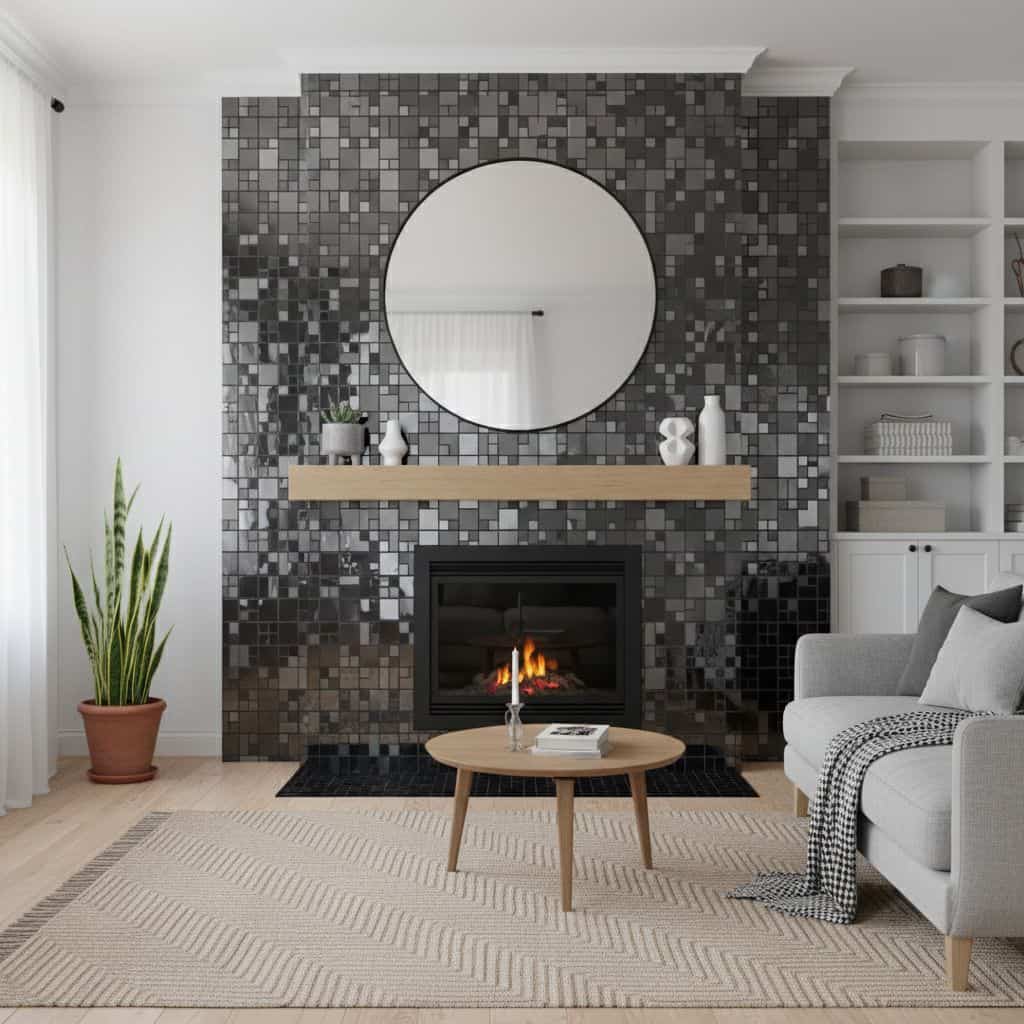 Black mosaic tile wall with fireplace and round mirror.