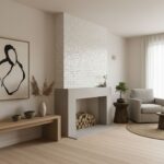 White textured brick tile with smooth concrete mantel, natural wood logs, and neutral-toned decor.