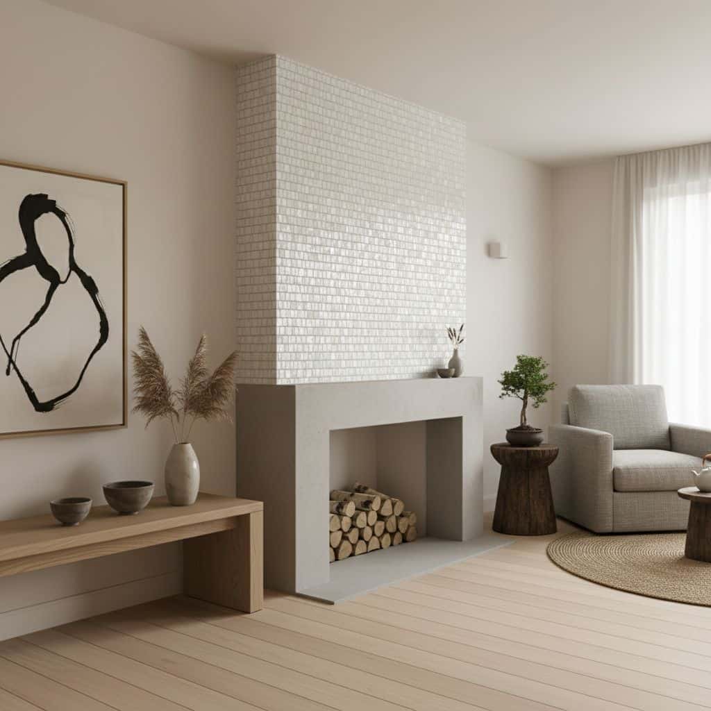White textured brick tile with smooth concrete mantel, natural wood logs, and neutral-toned decor.