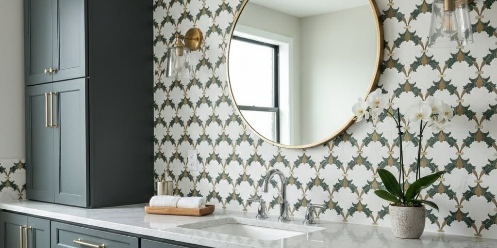Decorative wall tile featuring a black, white, and gold geometric pattern with a glossy finish, used as a bathroom accent wal.