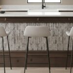 Wood-textured tile in neutral tones, smooth surface, installed behind kitchen counter.