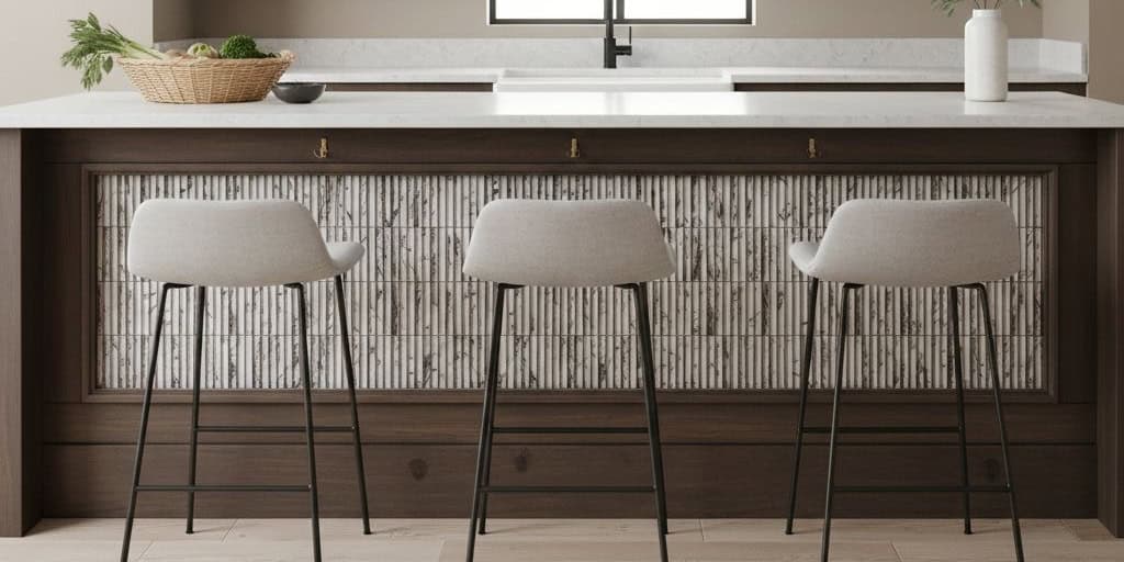 Wood-textured tile in neutral tones, smooth surface, installed behind kitchen counter.