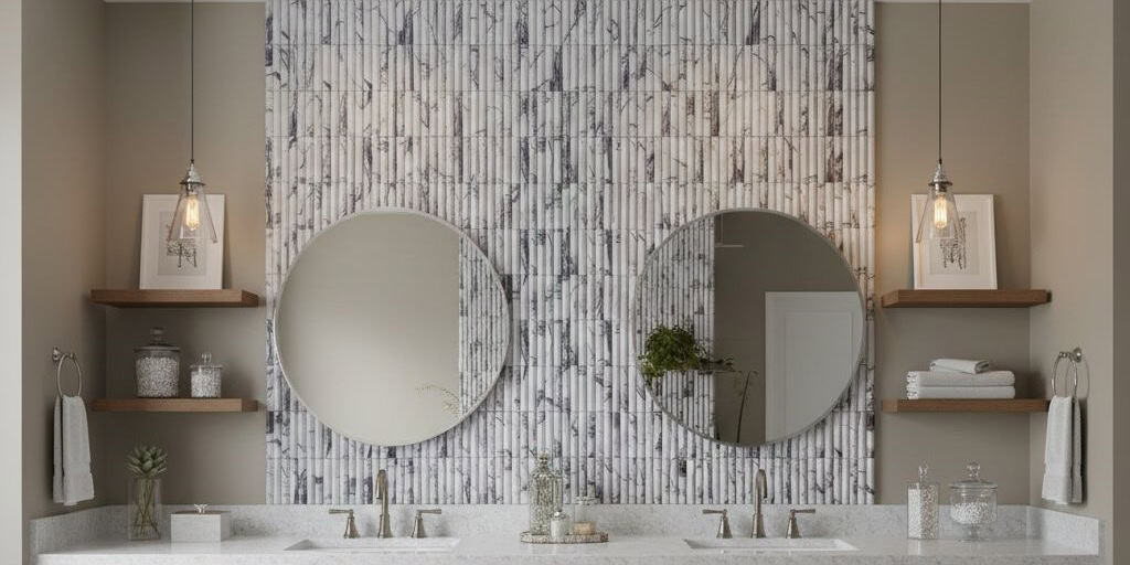 Marble tile wall with round mirrors, neutral tones, and textured surface.