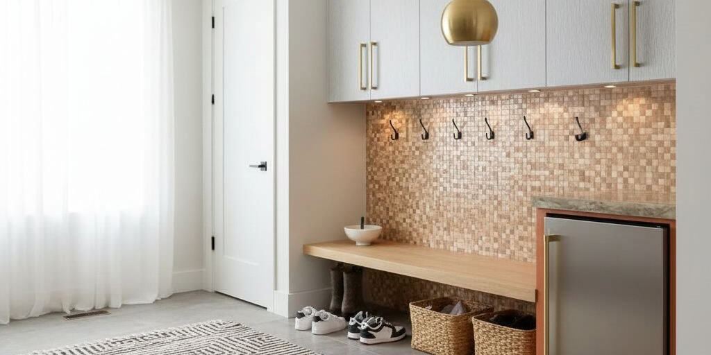 Colorful mosaic tile with textured surface in warm beige tones.