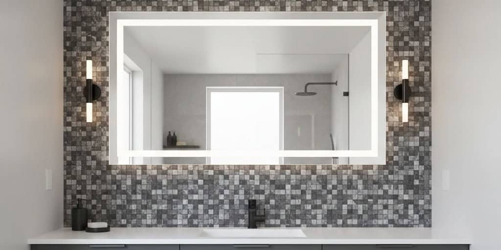 Gray mosaic tile with textured surface surrounding a large bathroom mirror.