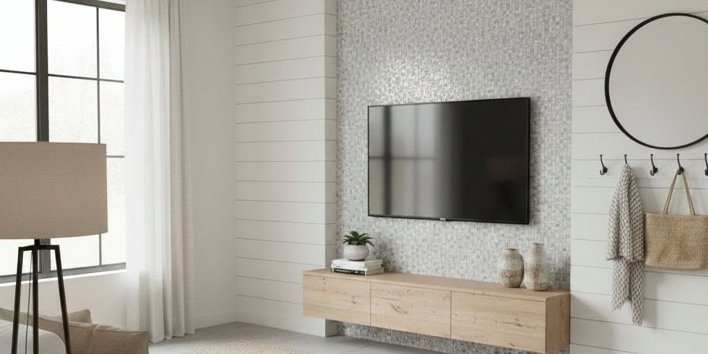 Bright, white shiplap wall with textured surface, featuring a mounted flat-screen TV, a wooden console, and decorative access.