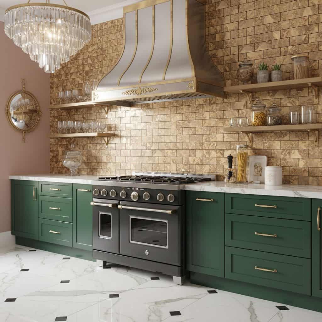 Bright green kitchen cabinets with gold handles and accents, complemented by a white marble countertop and a textured brick b.