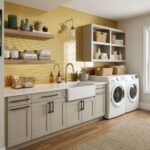 Bright laundry room featuring a yellow brick wall, white cabinetry, and open shelves with baskets and decor.