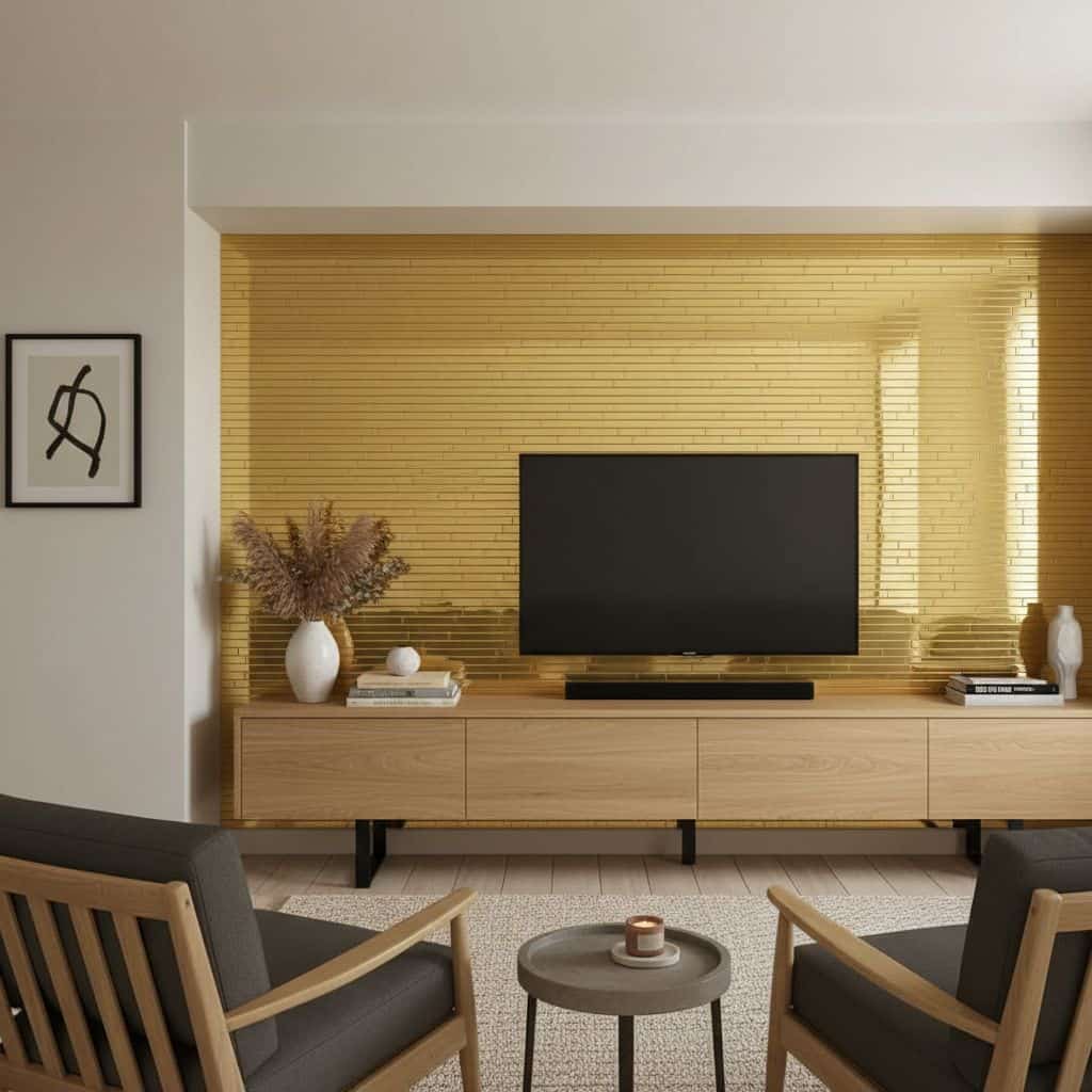 Wood-look tile with warm beige tones and textured surface, installed on the wall behind the TV.