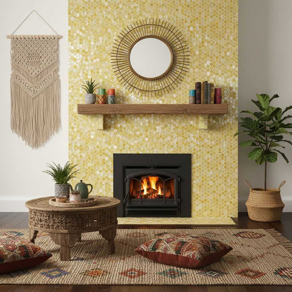 Warm yellow mosaic tile with small, glossy, irregularly shaped pieces creating a textured, vibrant backdrop.