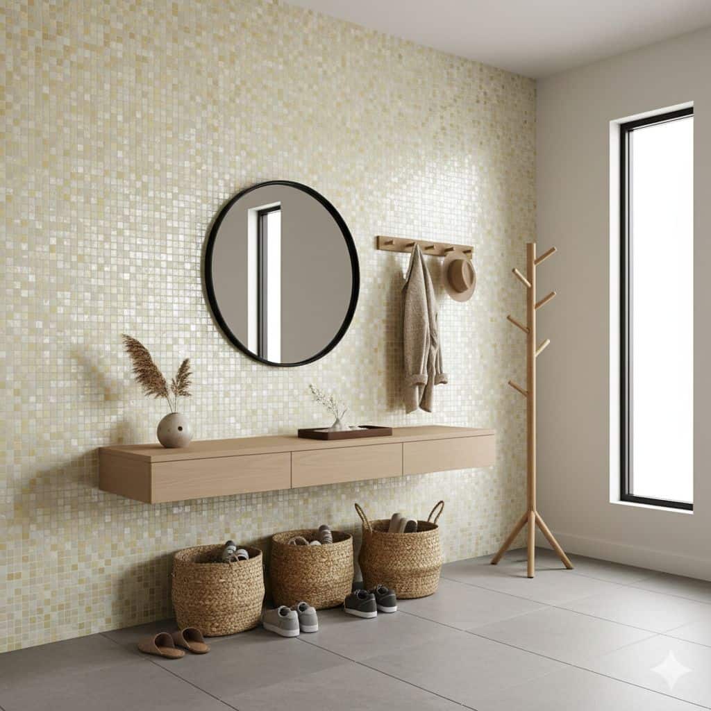 Neutral-colored mosaic tile wall with small square tiles, textured surface, in a modern entryway.