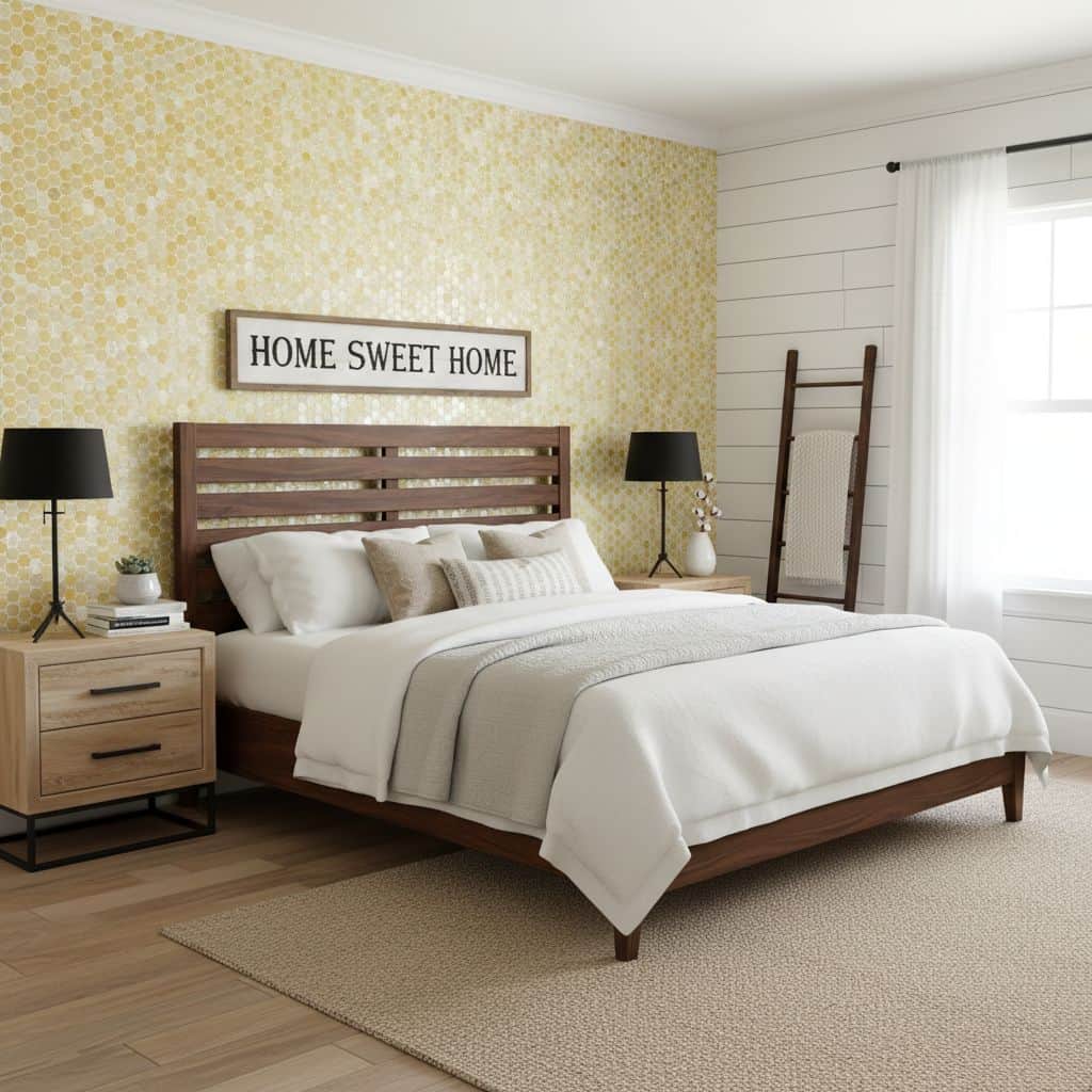 A cozy bedroom featuring a yellow floral wallpaper accent wall, wooden bed frame, white bedding, and modern black lamps for a.