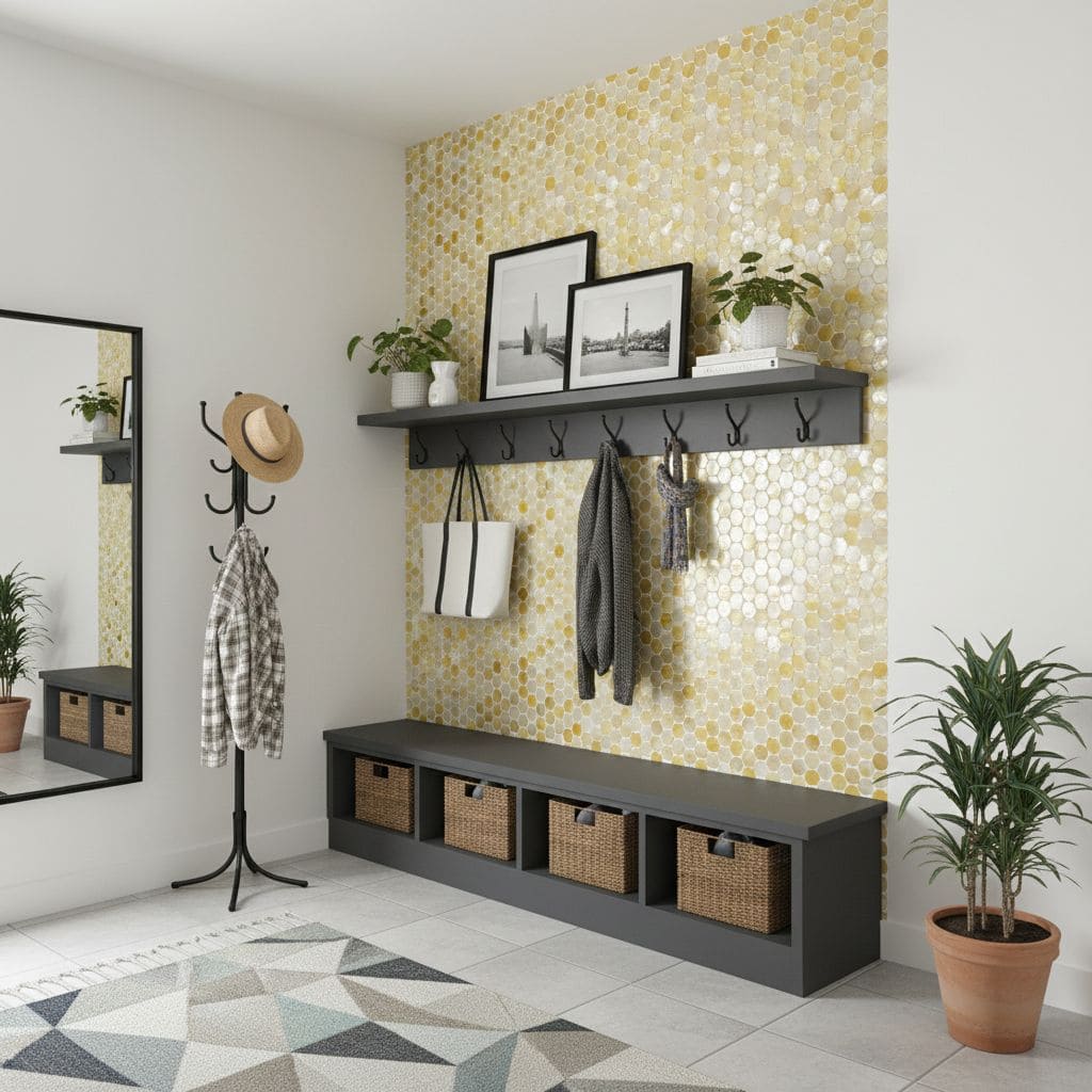 Bright yellow hexagon mosaic wall tile with glossy finish, adding a vibrant and textured accent to modern interior spaces.