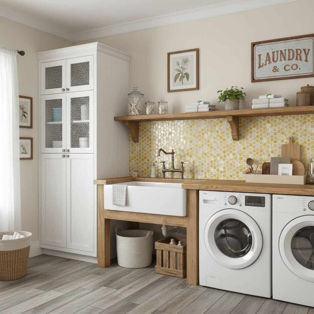 Yellow hexagon tile wall with textured surface behind laundry appliances.