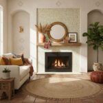 Fireplace with beige mosaic tile surround, cozy living room decor, and natural accents.