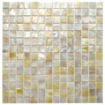 Cream mother of pearl mosaic tile with iridescent, glossy finish and square shape.