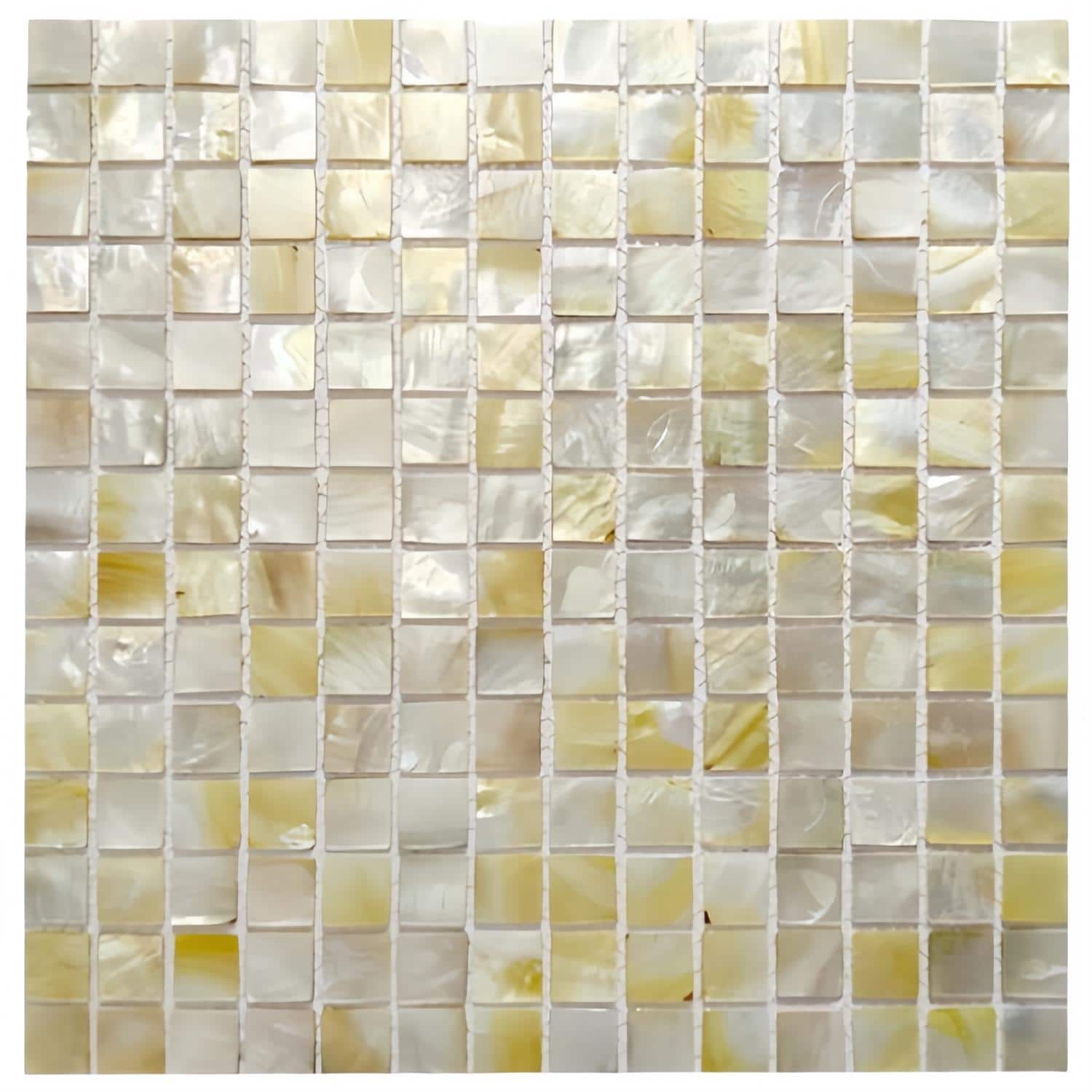 Cream mother of pearl mosaic tile with iridescent, glossy finish and square shape.