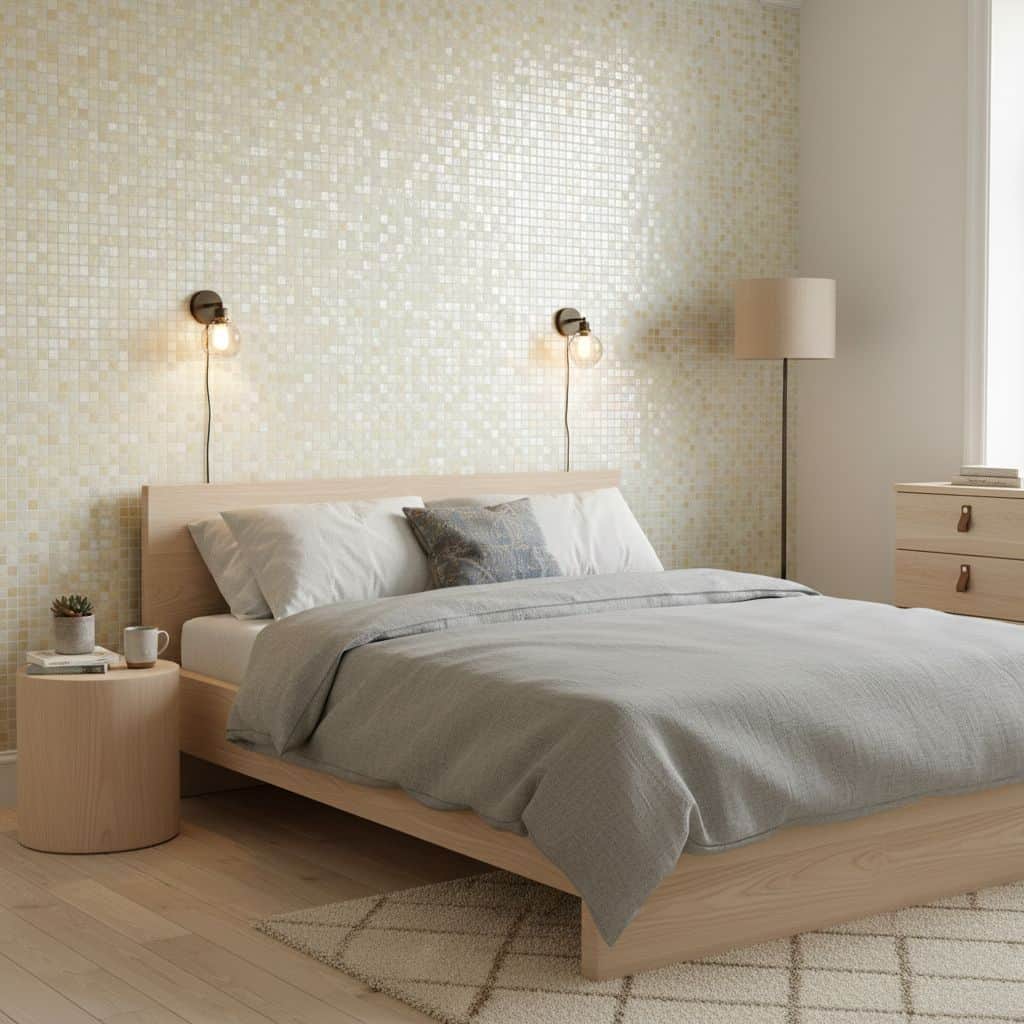 Bright beige mosaic tiles with smooth texture create a calming bedroom ambiance.