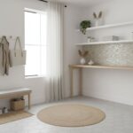Bright white hexagon tile floor with beige woven rug, minimalist decor, and natural light.