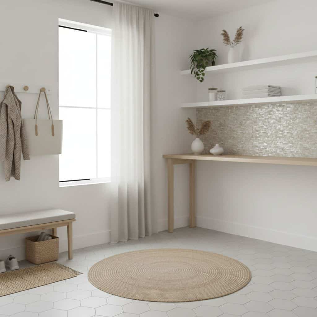 Bright white hexagon tile floor with beige woven rug, minimalist decor, and natural light.