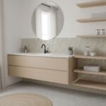 Bright bathroom with beige wooden vanity, hexagonal tile flooring, and open wooden shelves. Minimalist design with neutral to.