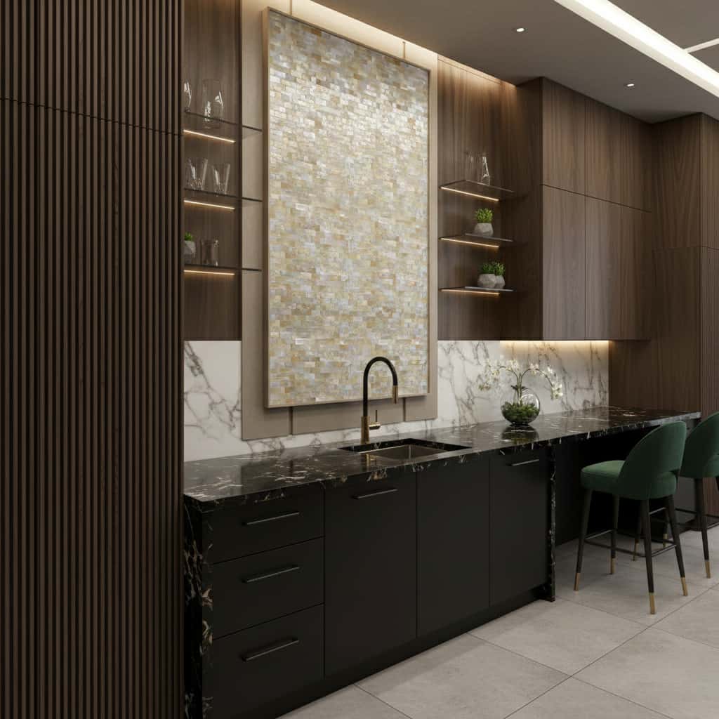 Neutral stone-colored textured tile wall with a subtle pattern, complementing modern kitchen cabinetry and decor.
