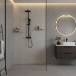 Gray textured ceramic tile with matte finish in shower area.