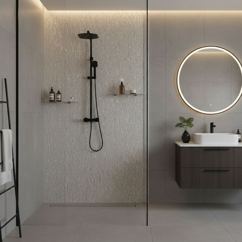 Gray textured ceramic tile with matte finish in shower area.